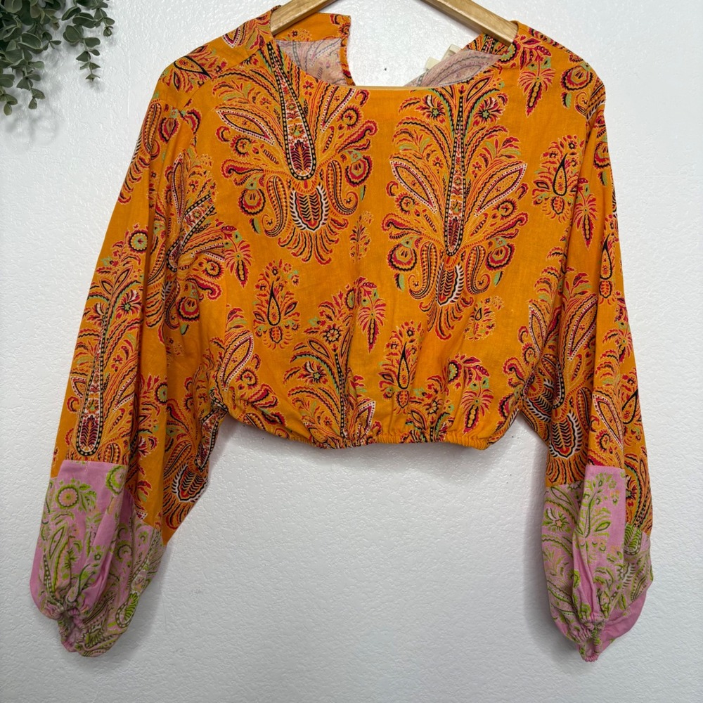 BOTEH Calla Crop Top Ochre Orange Paisley Linen Cotton Balloon Sleeve Size 1 - Picture 9 of 10